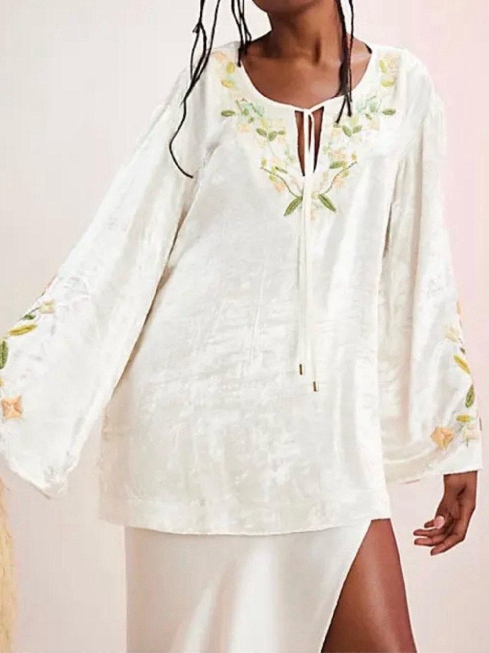 Free People Cream Velvet with Yellow Embroidery Tunic Blouse - Size L NWT